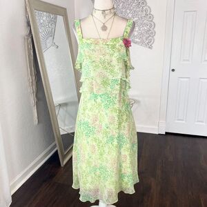Early 2000's Light Green Frilly Floral Flower Rose Bud Fairy Midi Summer Dress M